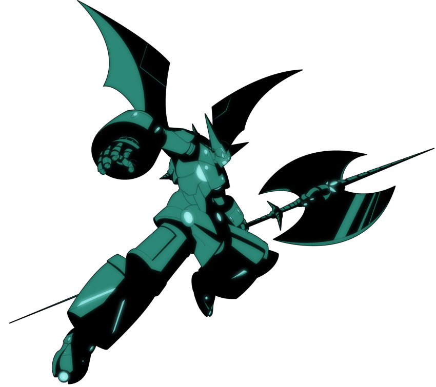 axe bat_wings battle_axe blue_theme chuunioniika crossover full_body fusion getter_robo glowing glowing_eyes highres huge_weapon lagann mecha monochrome no_humans robot shin_getter-1 super_robot tengen_toppa_gurren_lagann transparent_background weapon wings