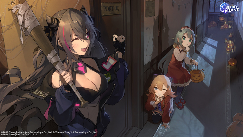 3girls ;d abercrombie_(azur_lane) azur_lane bandages baseball_bat black_gloves black_legwear black_nails black_ribbon blonde_hair blue_eyes blue_jacket blush breasts brown_hair bsue candle cleavage commentary cone_hair_bun copyright_name copyright_notice different_shadow door dot_nose dress english_commentary finger_to_mouth fingerless_gloves fingernails gloves glowworm_(azur_lane) green_eyes grey_hair grin hair_between_eyes hair_bun hair_ribbon halloween hallway halterneck holding holding_baseball_bat indoors jack-o'-lantern jacket kneeling logo long_hair long_sleeves mary_janes medium_breasts medium_hair moonlight multicolored_hair multiple_girls nail nail_bat nail_polish night off_shoulder official_art on_floor one_eye_closed open_clothes open_jacket open_mouth pantyhose parted_lips partially_unzipped pink_hair purple_eyes red_dress red_footwear red_jacket ribbon san_francisco_(azur_lane) second-party_source shadow shirt shoes shushing smile sparkle standing streaked_hair teeth triangle_mouth twintails two-tone_hair watermark white_shirt window