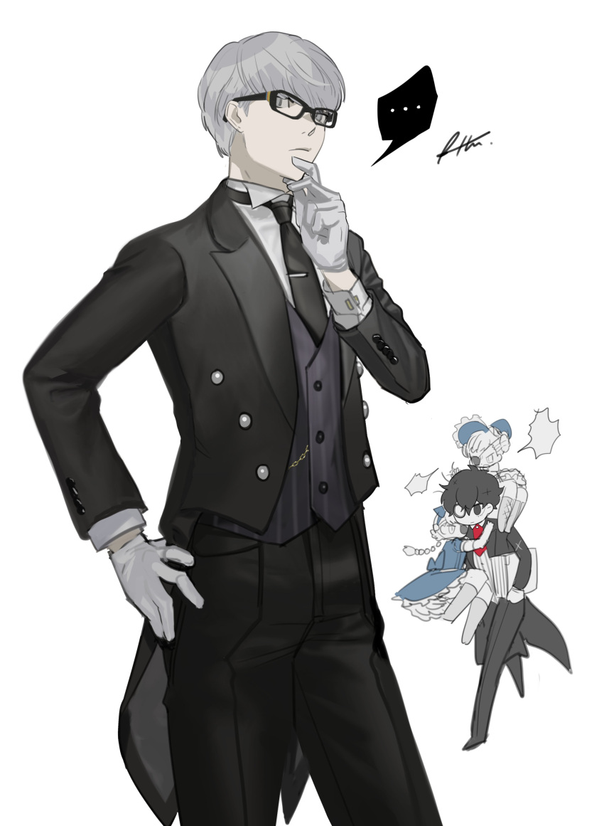 ... 2boys 2girls absurdres alternate_costume amamiya_ren ascot black_jacket black_necktie black_pants braid btmr_game butler caroline_(persona_5) carrying formal glasses gloves grey_hair hand_on_own_hip highres jacket justine_(persona_5) long_sleeves monocle multiple_boys multiple_girls narukami_yuu necktie pants persona persona_4 persona_5 red_ascot signature simple_background spoken_ellipsis white_background white_gloves