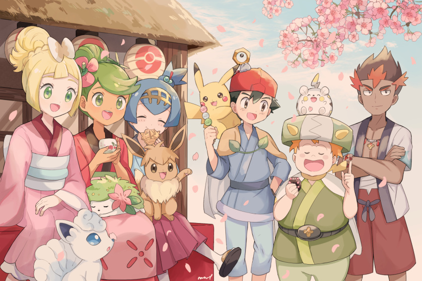 3boys 3girls :d alolan_form alolan_vulpix baseball_cap black_hair blonde_hair blue_hair blue_sky cape cherry_blossoms closed_eyes closed_mouth cloud crossed_arms cup dango dark_skin dark_skinned_male day eating eevee flower food gen_1_pokemon gen_4_pokemon gen_7_pokemon green_eyes green_hair hair_flower hair_ornament hairband hat highres holding holding_cup holding_food japanese_clothes kaki_(pokemon) kimono lillie_(pokemon) long_hair long_skirt long_sleeves mamane_(pokemon) mao_(pokemon) mei_(maysroom) meltan multicolored_hair multiple_boys multiple_girls mythical_pokemon obi on_head on_lap on_shoulder open_mouth orange_hair outdoors petals pikachu pokemon pokemon_(anime) pokemon_(creature) pokemon_on_head pokemon_on_lap pokemon_on_shoulder pokemon_sm_(anime) red_hair sanshoku_dango sash satoshi_(pokemon) shaymin shaymin_(land) short_hair signature sitting skirt sky smile spiked_hair spring_(season) suiren_(pokemon) togedemaru trial_captain wagashi white_legwear wide_sleeves z-ring