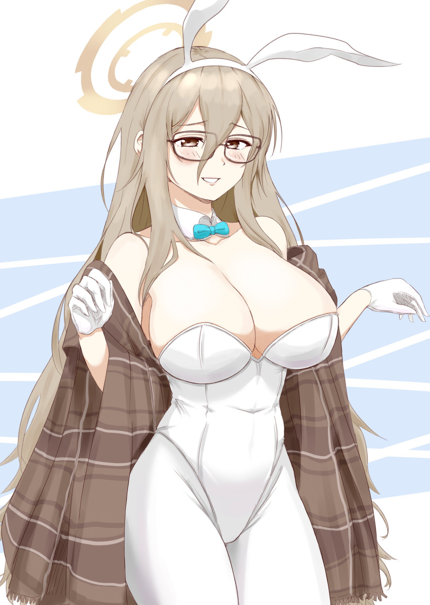 akane_(blue_archive) akane_(bunny)_(blue_archive) animal_ears aqua_bow aqua_bowtie bare_shoulders black-framed_eyewear blue_archive blush bow bowtie breasts brown_eyes brown_hair cleavage collarbone commentary detached_collar fake_animal_ears female glasses gloves hair_between_eyes halo highres large_breasts leotard long_hair looking_at_viewer official_alternate_costume pantyhose playboy_bunny rabbit_ears smile solo strapless strapless_leotard viperxtr white_gloves white_leotard white_pantyhose