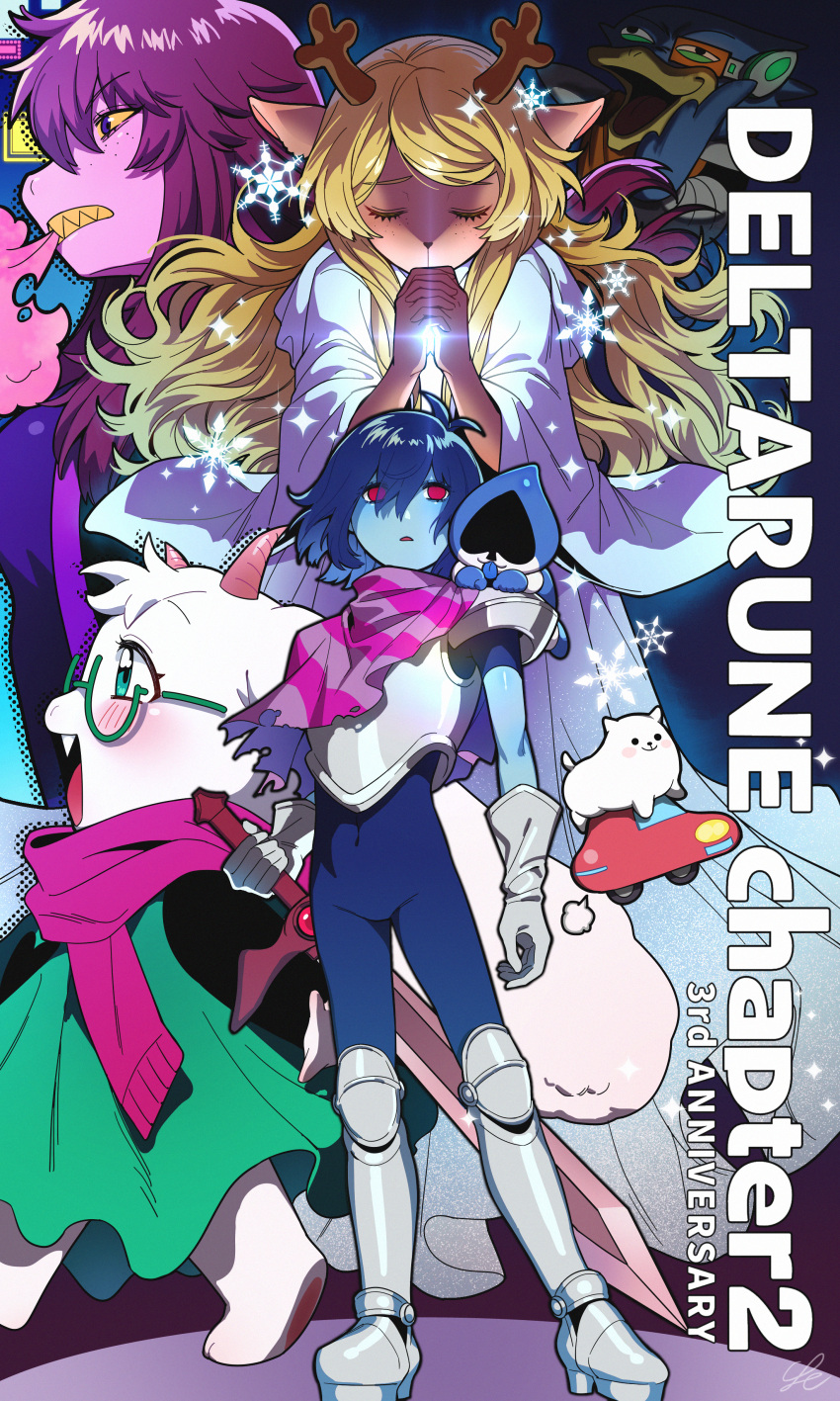 1other 2girls 3boys absurdres annoying_dog berdly_(deltarune) blonde_hair blue_skin blush car colored_skin copyright_name deltarune freckles glasses goat_horns green_robe highres horns kris_(deltarune) lancer_(deltarune) motor_vehicle multiple_boys multiple_girls noelle_holiday praying ralsei red_eyes robe scarf se_(hanahide) sharp_teeth snowflakes standing susie_(deltarune) teeth white_robe