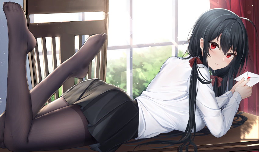 ahoge ass azur_lane black_hair black_skirt closed_mouth commentary day desk envelope feet feet_up female from_side full_body hair_ribbon highres holding holding_envelope indoors jyu-so legs long_hair long_sleeves looking_at_viewer looking_to_the_side low_twintails lying miniskirt no_shoes official_alternate_costume on_desk on_stomach pantyhose pleated_skirt red_eyes red_ribbon revision ribbon school_uniform shirt skirt smile solo sunlight taihou_(azur_lane) taihou_(sweet_time_after_school)_(azur_lane) the_pose toes tress_ribbon twintails white_shirt window