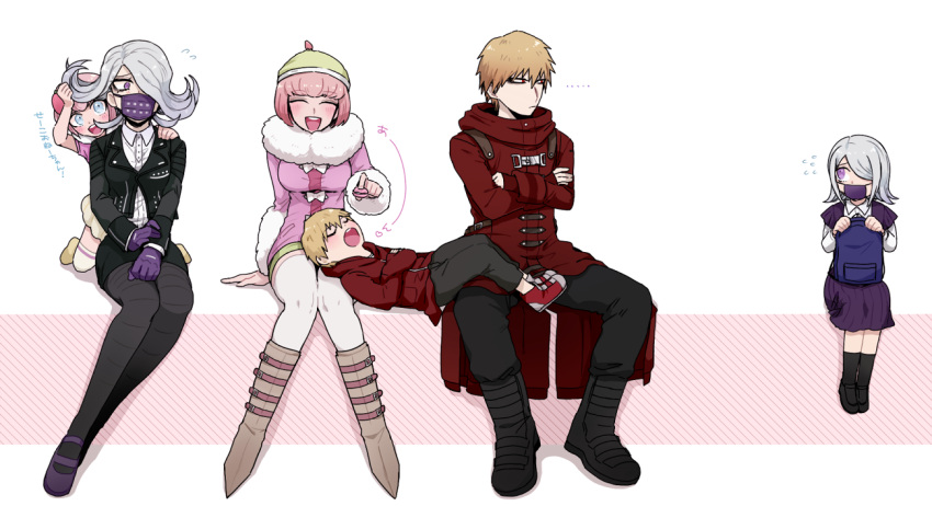 2boys 4girls :d aged_down ando_ruruka backpack bag beanie black_footwear black_jacket black_legwear blonde_hair blue_bag blush boots brown_footwear closed_eyes coat collared_shirt commentary crossed_arms danganronpa_(series) danganronpa_3_(anime) dress_shirt fur-trimmed_jacket fur_trim gloves grey_hair hair_over_one_eye hat izayoi_sounosuke jacket kimura_seiko knee_boots lying mask mouth_mask multiple_boys multiple_girls on_back open_mouth pantyhose pink_hair pink_jacket pleated_skirt purple_gloves red_coat scarf shimada_(dmisx) shirt shoes short_hair shorts simple_background sitting skirt sleeping smile socks symbol-only_commentary teeth thighhighs translated upper_teeth_only white_background white_legwear yellow_shorts