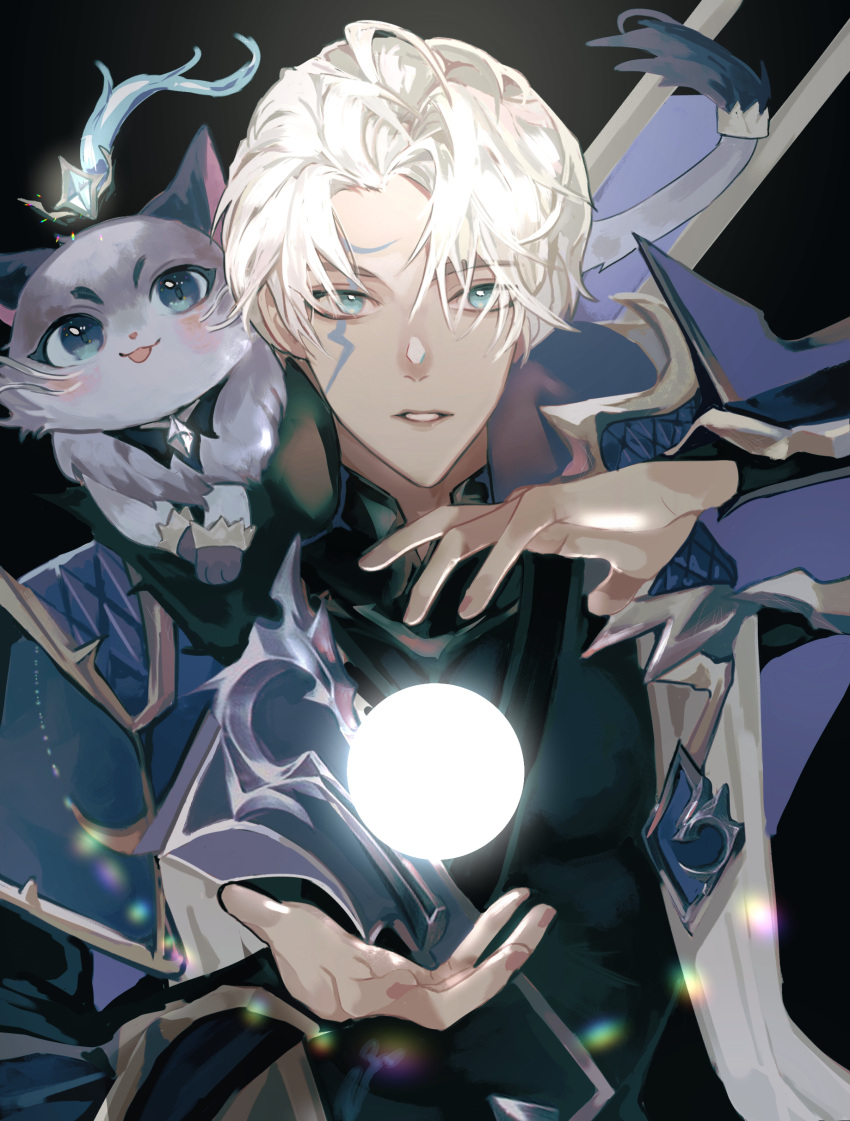 1boy absurdres animal_on_shoulder aphelios ball black_background black_shirt cat_on_shoulder edg_aphelios edg_yuumi facial_mark feline floating_ball glowing gradient_background grey_eyes highres jacket jika-sen league_of_legends long_sleeves magic male_focus parted_bangs parted_lips shirt short_hair teeth tongue tongue_out upper_body white_hair yuumi_(league_of_legends)