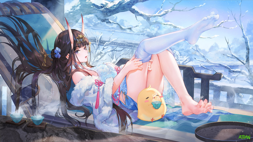 atdan azur_lane bare_shoulders barefoot black_hair dress feet female from_side fur_trim gradient highres horns knees_up leg_up long_hair looking_at_viewer looking_to_the_side manjuu_(azur_lane) noshiro_(azur_lane) noshiro_(fragrance_of_the_eastern_snow)_(azur_lane) off_shoulder official_alternate_costume oni_horns open_mouth purple_eyes revision short_dress single_thighhigh sleeveless sleeveless_dress smile soles solo thighhighs thighs toes very_long_hair white_dress white_legwear