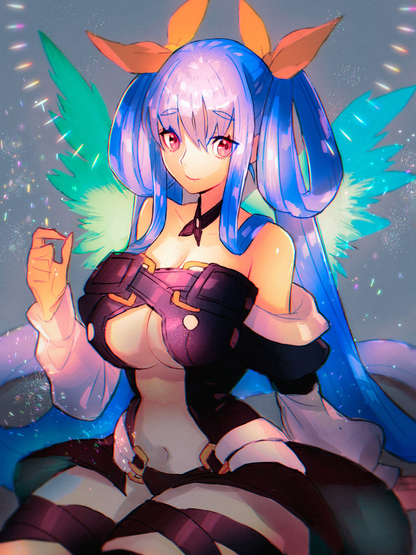 absurdres angel_wings asymmetrical_wings bare_shoulders belt blue_hair breasts center_opening choker cleavage closed_mouth detached_sleeves dizzy_(guilty_gear) female grey_background guilty_gear guilty_gear_x guilty_gear_xx hair_ribbon hair_rings highres light long_hair long_sleeves looking_at_viewer midriff monster_girl navel puffy_long_sleeves puffy_sleeves red_eyes ribbon simple_background sitting smile solo star_(sky) star_(symbol) stomach tail thigh_strap thighs twintails underboob very_long_hair wings yellow_ribbon yohane_shimizu