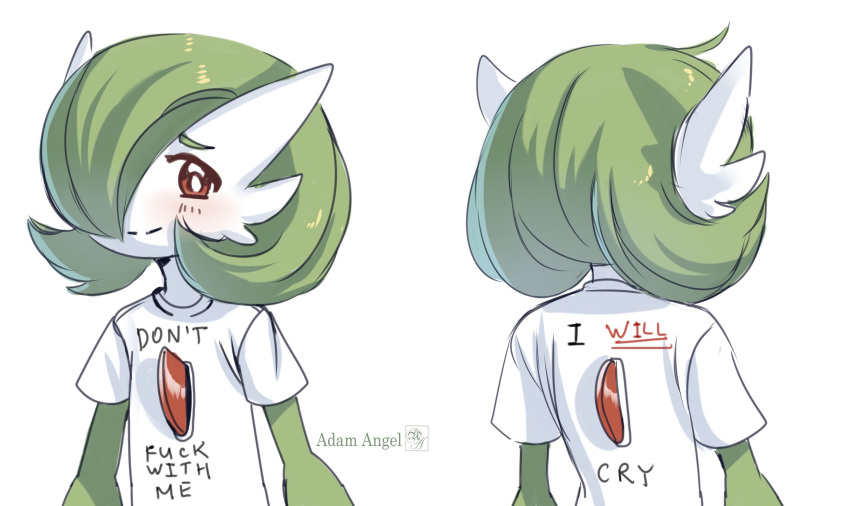 2020 adam_angel artist_name blush clothing digital_media_(artwork) don't_fuck_with_me_i_will_cry english_text eyebrows female front_view gardevoir generation_3_pokemon green_eyebrows green_hair hair hi_res looking_at_viewer meme meme_clothing nintendo not_furry pokemon pokemon_(species) rear_view shirt simple_background smile solo text text_on_clothing text_on_shirt text_on_topwear topwear white_background white_body white_clothing white_shirt white_topwear