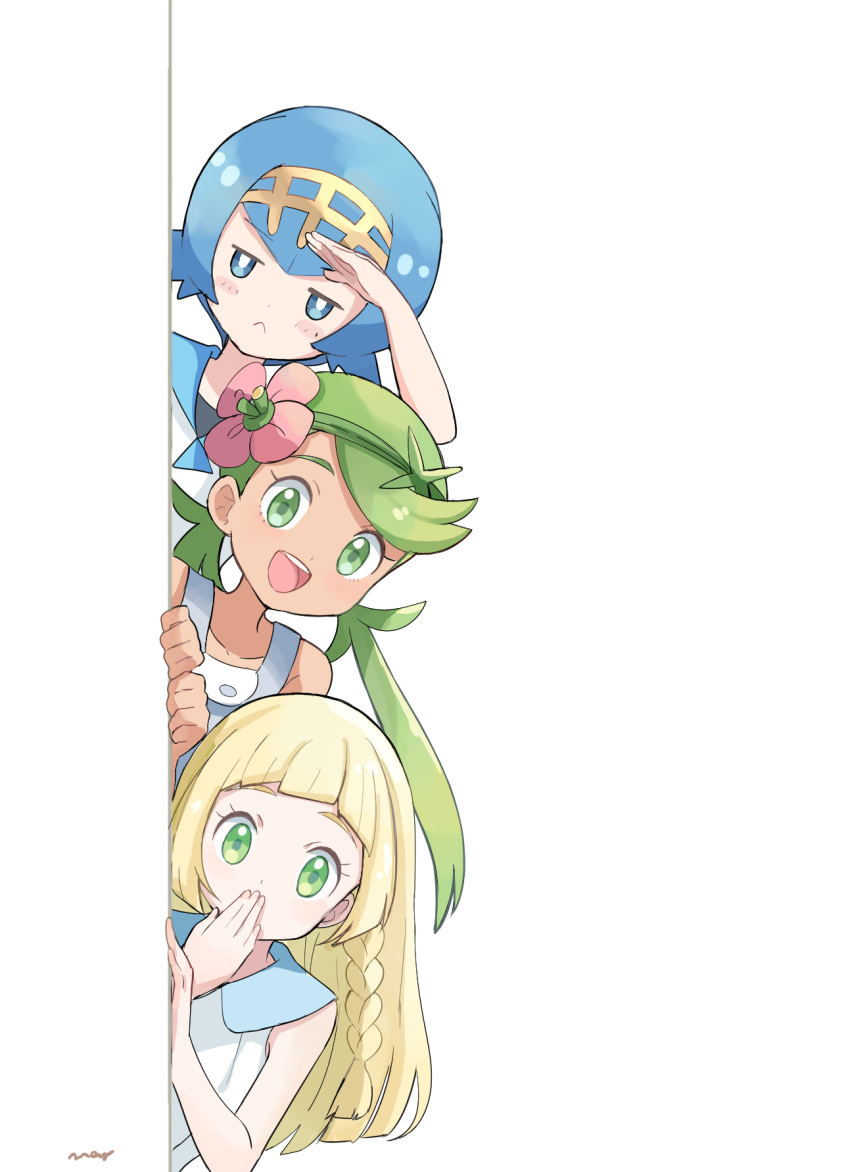 3girls :< artist_name bangs bare_shoulders blonde_hair blue_eyes blue_hair blue_sailor_collar blush braid closed_mouth collarbone covering_mouth dark_skin dress eyebrows_visible_through_hair flat_chest flower green_eyes green_hair green_hairband hair_flower hair_ornament hairband half-closed_eyes hand_up happy highres light_blush lillie_(pokemon) long_hair looking_at_viewer mao_(pokemon) mei_(maysroom) multiple_girls open_mouth overalls peeking_out pink_flower pokemon pokemon_(game) pokemon_sm sailor_collar shading_eyes shiny shiny_hair shirt short_hair signature simple_background sleeveless sleeveless_dress smile suiren_(pokemon) swept_bangs teeth tied_hair trial_captain twintails upper_body white_background white_dress white_shirt yellow_hairband