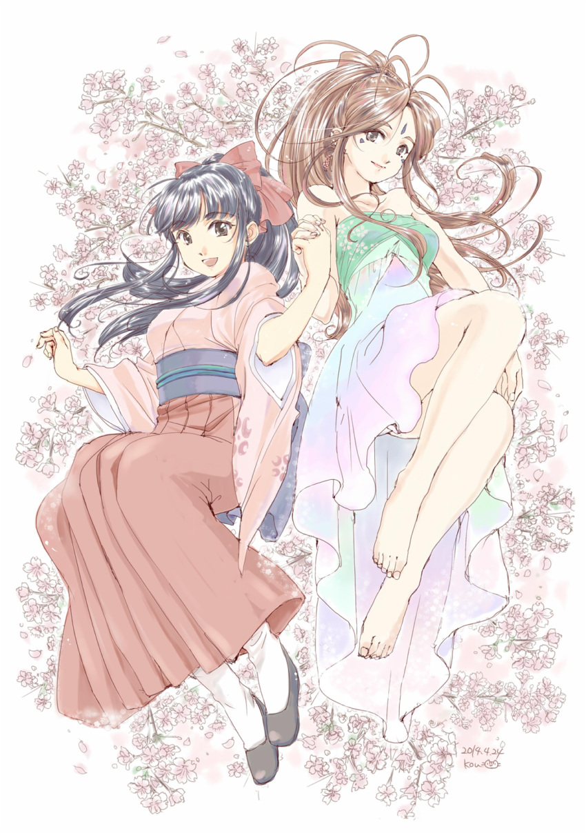 2girls :d barefoot belldandy black_hair brown_eyes cherry_blossoms creator_connection crossover dated floating_hair flower forehead_tattoo hakama hakama_skirt head_tilt highres holding_hands japanese_clothes kimono kou_(kounotori69) long_hair looking_at_viewer multiple_girls oh_my_goddess! open_mouth pink_flower pink_kimono red_skirt sakura_taisen shinguuji_sakura skirt smile