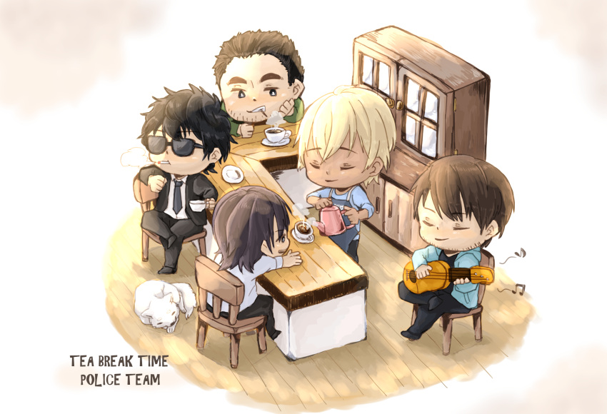 5boys amuro_tooru apron black_eyes black_footwear black_hair black_jacket black_necktie black_pants black_shirt black_suit blonde_hair blue_hoodie brown_hair cafe canine chair chibi cigarette closed_eyes closed_mouth coffee collared_shirt cup date_wataru english_text facial_hair formal hagiwara_kenji haro_(meitantei_conan) highres holding holding_cup holding_instrument holding_teapot hood hood_down hoodie instrument jacket long_sleeves male_focus masako1031 matsuda_jinpei meitantei_conan mouth_hold multiple_boys music musical_note necktie on_chair open_clothes open_hoodie open_jacket pants playing_instrument pouring saucer scotch_(meitantei_conan) shirt shoes short_hair short_sleeves sitting smoke smoking standing steam stubble suit sunglasses teacup teapot toothpick white_shirt