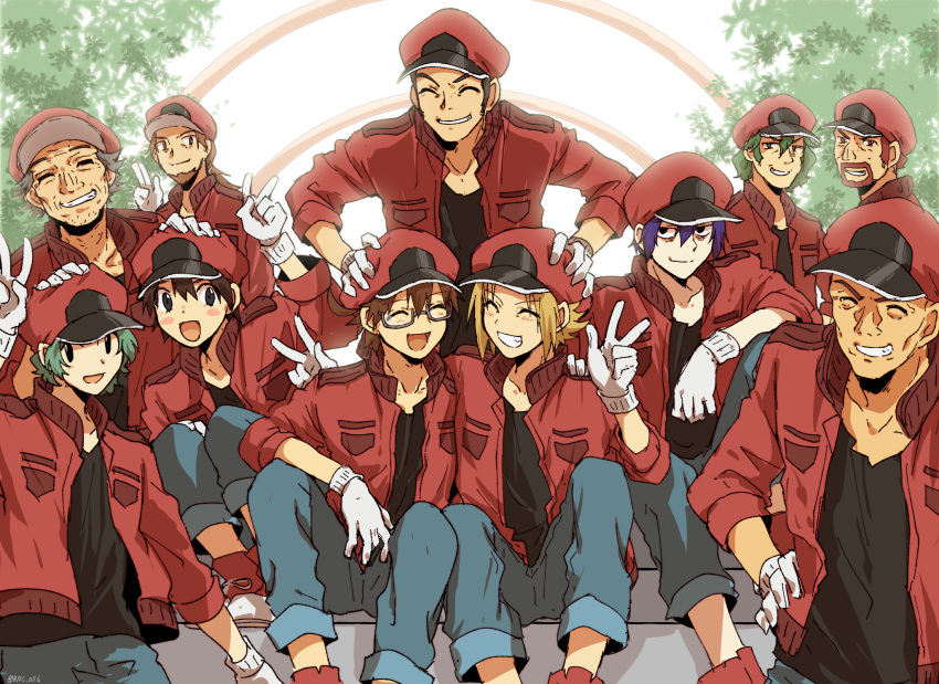 6+boys :d aa-2153 banchii black_hair blonde_hair brown_hair cabbie_hat character_request everyone glasses gloves green_hair grey_hair hat hataraku_saibou hataraku_saibou_black highres jacket multiple_boys open_mouth purple_hair red_blood_cell_(hataraku_saibou) red_hair red_headwear red_jacket shirt short_hair smile