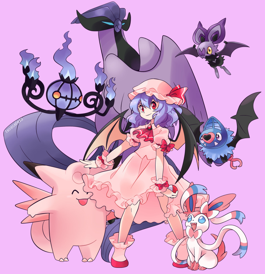 absurdres artist_name ascot bat_wings blue_hair boots chandelure clefable closed_mouth collared_shirt crossover dress female frilled_cuffs frilled_dress frilled_footwear frills galarian_articuno hat hat_ribbon highres holding holding_poke_ball isosceless legs_apart looking_at_viewer medium_dress medium_hair mob_cap noibat official_style outstretched_arm poke_ball pokemon pokemon_(creature) puffy_short_sleeves puffy_sleeves red_eyes remilia_scarlet ribbon shirt short_sleeves sleeve_bow smile swoobat sylveon touhou wings