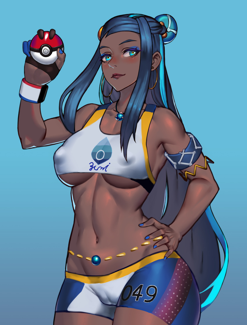 absurdres armlet bad_id bad_pixiv_id belly_chain bike_shorts black_hair blue_background blue_eyes blue_eyeshadow blue_hair crop_top dark-skinned_female dark_skin dynamax_band earrings eyeshadow female gloves hair_bun highres holding holding_poke_ball hoop_earrings jewelry jin_yi_dui long_hair looking_at_viewer makeup multicolored_hair navel necklace nessa_(pokemon) poke_ball poke_ball_(basic) pokemon pokemon_swsh simple_background single_glove single_hair_bun solo two-tone_hair