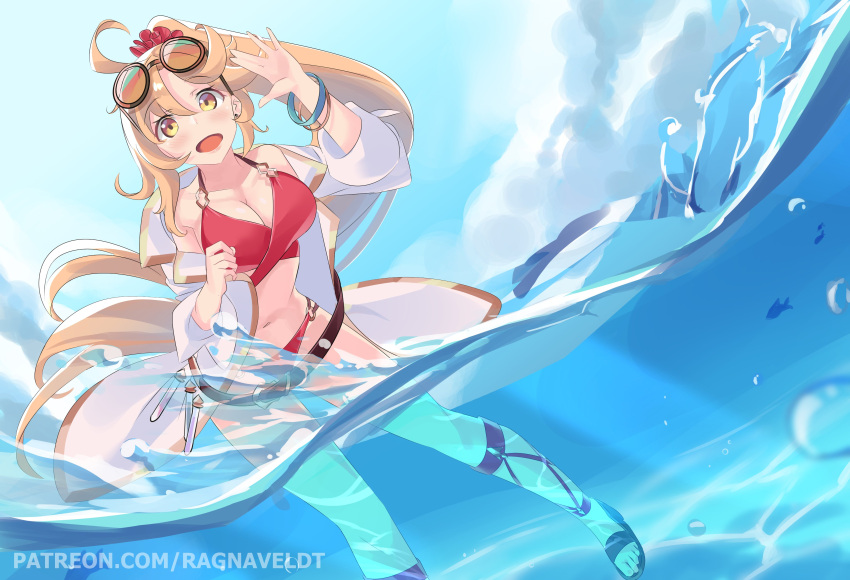 absurdres alternate_costume belt blonde_hair breasts cloud cloudy_sky commentary dragalia_lost earrings english_commentary female fish highres jewelry large_breasts official_alternate_costume open_mouth outdoors ponytail ragnaveldt red_eyes sandals sinoa sky swimsuit toeless_footwear wading