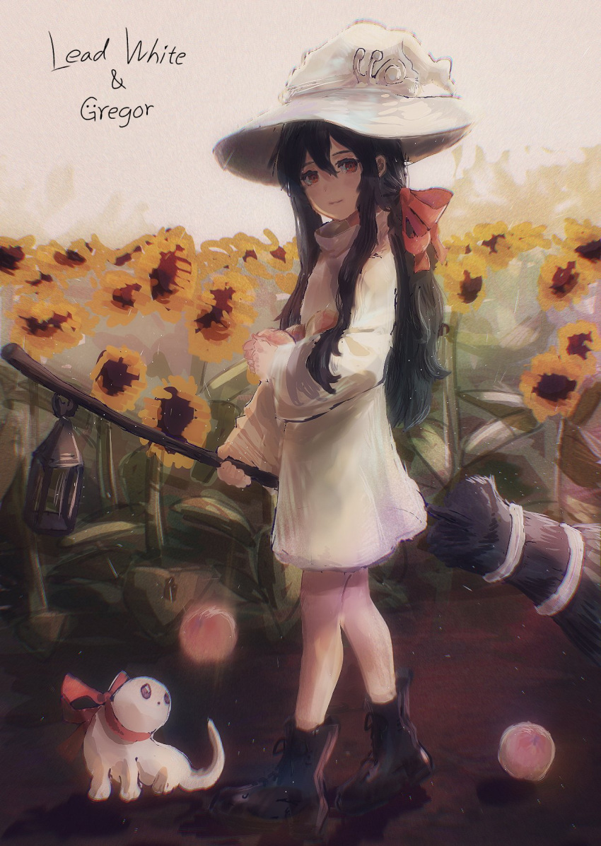 7sx9a black_hair borrowed_character broom character_name creature dress female flower full_body gregor_(tsurunoka) hair_between_eyes hair_ribbon hat highres holding holding_broom lead_white_(tsurunoka) long_hair long_sleeves original red_ribbon ribbon solo standing white_dress white_hat witch_hat yellow_flower