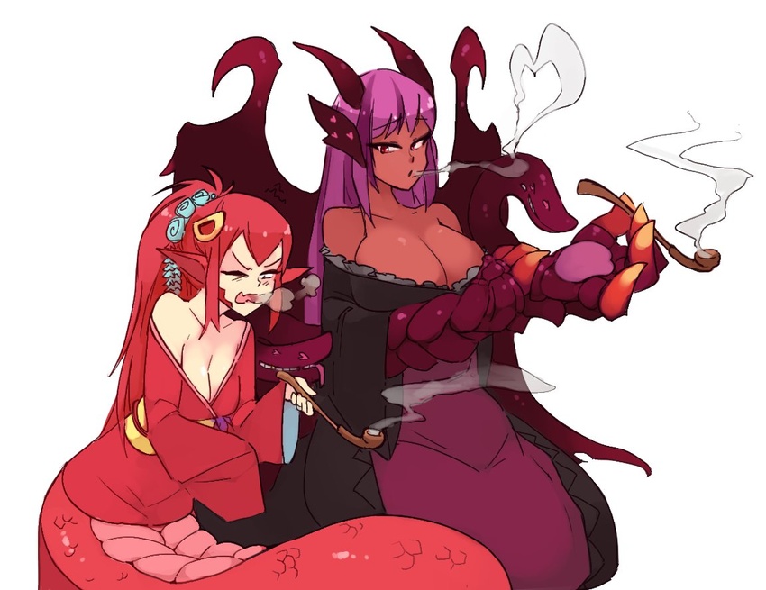 2girls :d alternate_costume animal_hands bare_shoulders black_kimono breasts claws cleavage commentary crossover dark-skinned_female dark_skin dragon_girl dragon_wings english_commentary hair_ornament hairclip holding holding_smoking_pipe jabberwock_(monster_girl_encyclopedia) japanese_clothes kimono lamia large_breasts long_hair looking_at_another miia_(monster_musume) monster_girl monster_girl_encyclopedia monster_musume_no_iru_nichijou multiple_girls off_shoulder one_eye_closed open_mouth pointy_ears ponytail purple_hair red_eyes red_hair red_kimono rtil sash scales sidelocks simple_background smile smoke smoking smoking_pipe teeth tongue v-shaped_eyebrows white_background wince wings yellow_eyes yukata