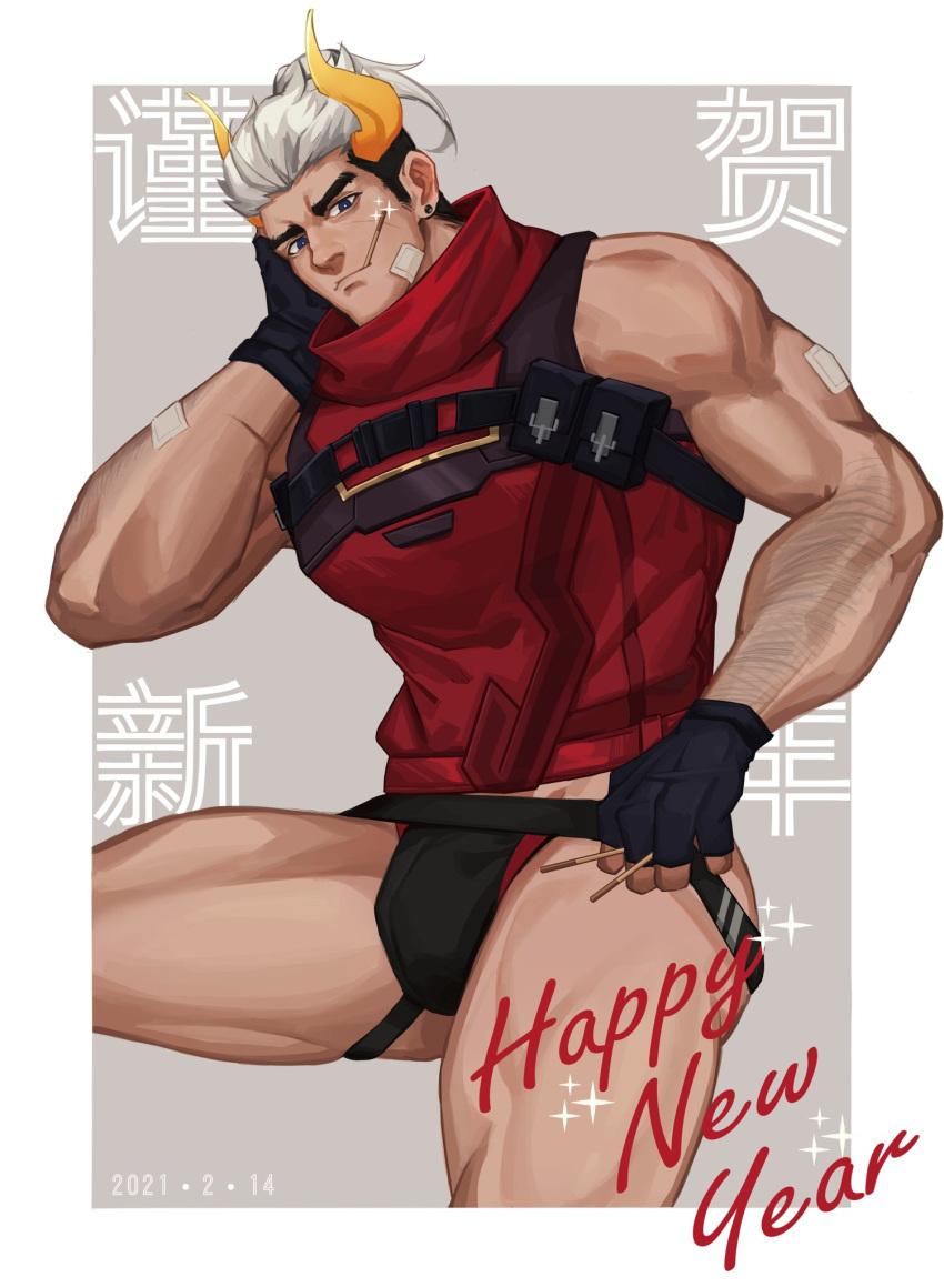 1boy arm_hair bandaid bandaid_on_cheek bara bare_arms bare_shoulders black_male_underwear bulge cow_horns darius_(league_of_legends) expressionless glowing_horns happy_new_year head_tilt highres horns jiecaoxiong jockstrap large_pectorals league_of_legends lunar_beast_darius male_focus male_underwear mature_male muscular muscular_male new_year official_alternate_costume pulled_by_self red_shirt shirt short_hair sleeveless sleeveless_shirt solo spread_legs thick_eyebrows thick_thighs thighs undercut underwear underwear_pull