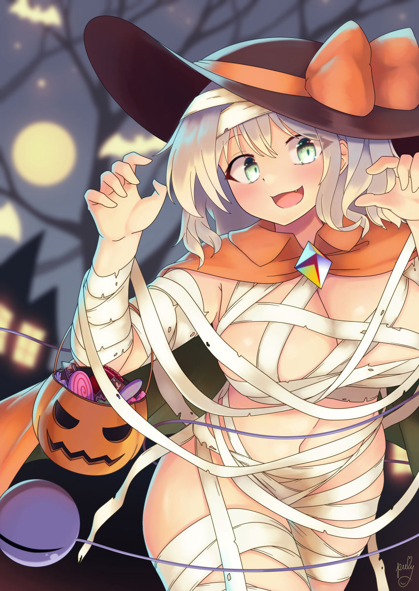 absurdres bandages bow breasts buttons commentary diamond_button eyeball female green_eyes grey_hair halloween hat hat_bow hat_ribbon highres komeiji_koishi large_breasts medium_hair polyhedron2 ribbon solo third_eye touhou wavy_hair