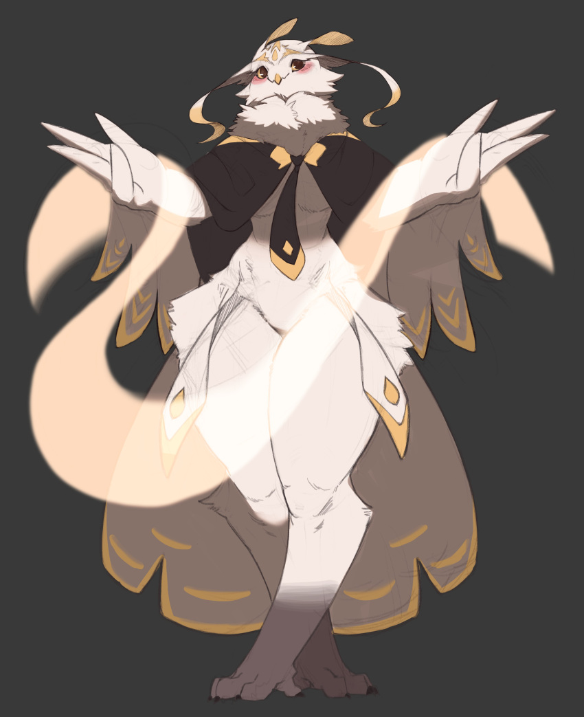 absurd_res anthro avian beak bird blush breasts claws cloak clothed clothing cyan_asdf feathered_wings feathers female fingers hi_res owl simple_background solo thick_thighs wide_hips wings