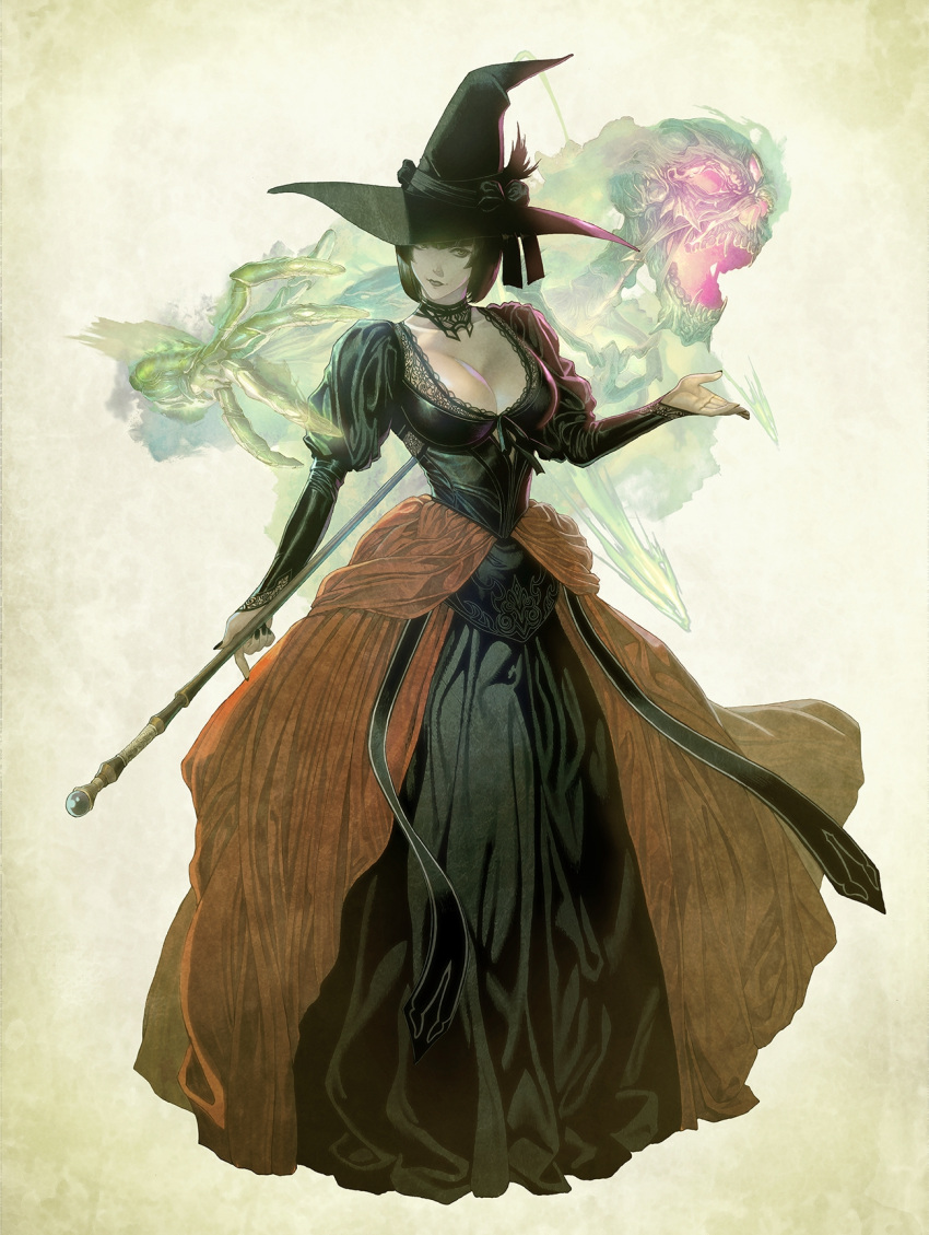 black_dress black_hair black_hat dress female full_body ghost hand_up hat highres holding holding_staff homare_(fool's_art) long_sleeves original short_hair skeleton smile solo staff standing witch witch_hat