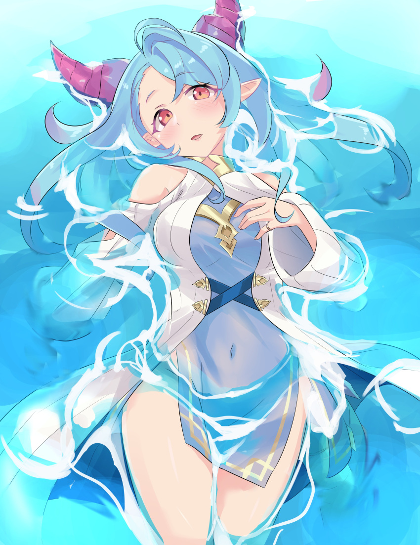 absurdres bare_shoulders blue_hair breasts covered_navel dragalia_lost female highres horns humanoid_mercury_(dragalia_lost) jewelry large_breasts multicolored_hair no_panties open_mouth outdoors partially_submerged pink_hair ragnaveldt red_eyes ring thighs two-tone_hair