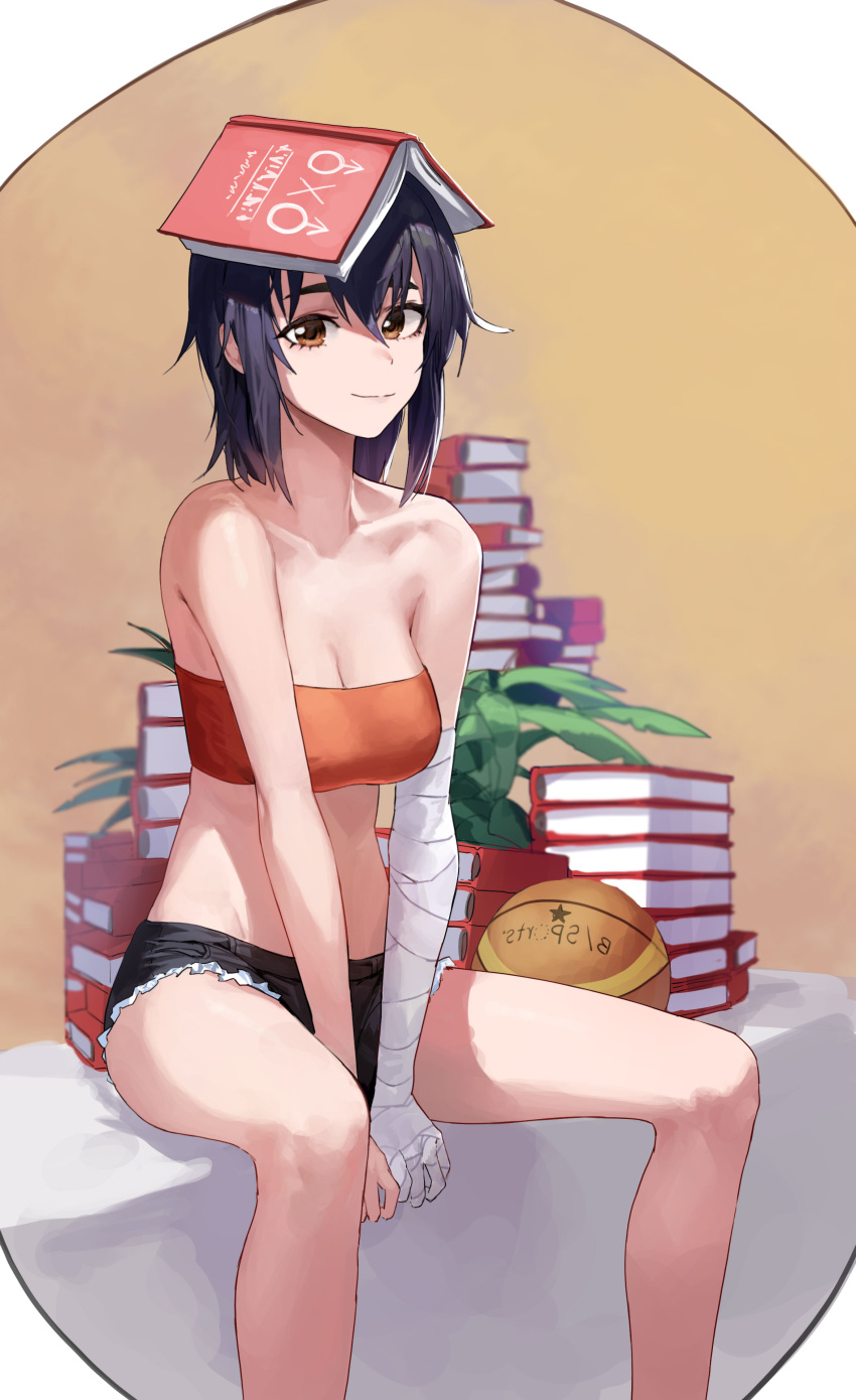 absurdres arm_wrap ball bandeau bare_legs bare_shoulders basketball_(object) black_hair book book_on_head book_stack breasts brown_eyes cleavage closed_mouth collarbone commentary denim denim_shorts double-parted_bangs english_commentary feet_out_of_frame female highres kanbaru_suruga looking_at_viewer mac_star medium_breasts medium_hair monogatari_(series) object_on_head orange_bandeau shorts sitting smile solo strapless tube_top v_arms