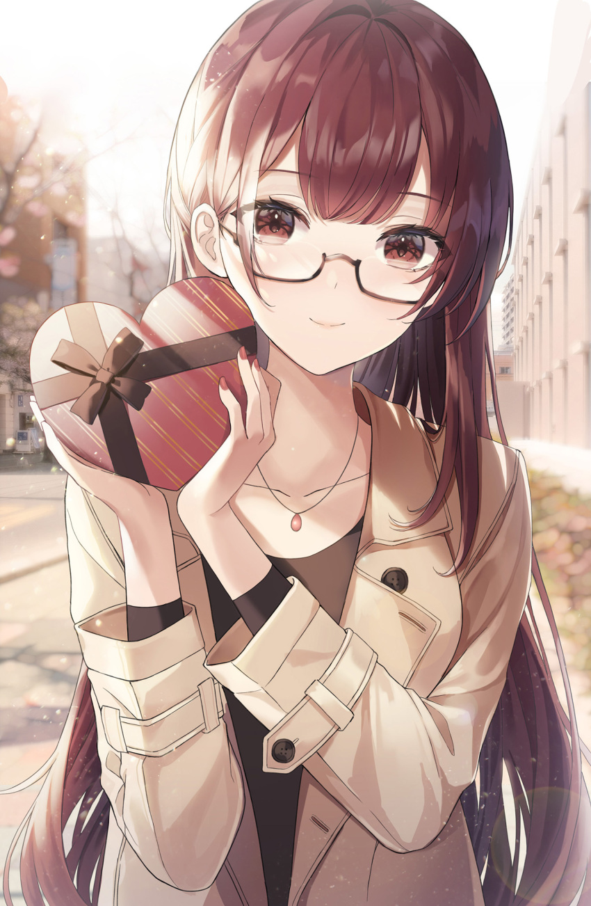 bad_id bad_twitter_id black_skirt blurry blurry_background box brown_eyes brown_hair brown_jacket building closed_mouth collarbone female glasses heart-shaped_box highres holding holding_box jacket jewelry long_hair long_sleeves looking_at_viewer necklace original outdoors road shirt skirt sky smile solo street tree yuna_(deadawon)