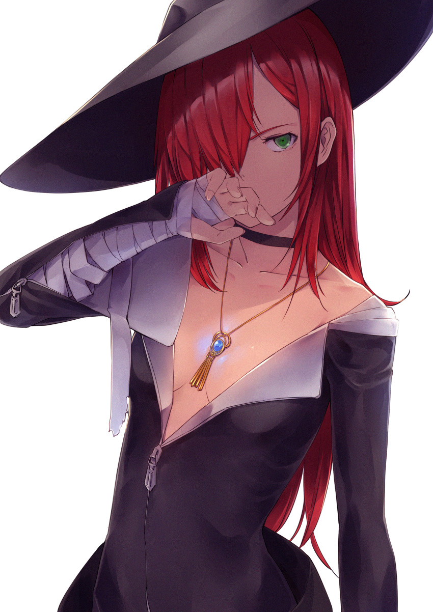 absurdres bandaged_arm bandages breasts cleavage collarbone female flat_chest green_eyes hair_over_one_eye halloween hat highres jewelry long_hair necklace noraico off_shoulder original red_hair white_background witch_hat zipper zipper_dress