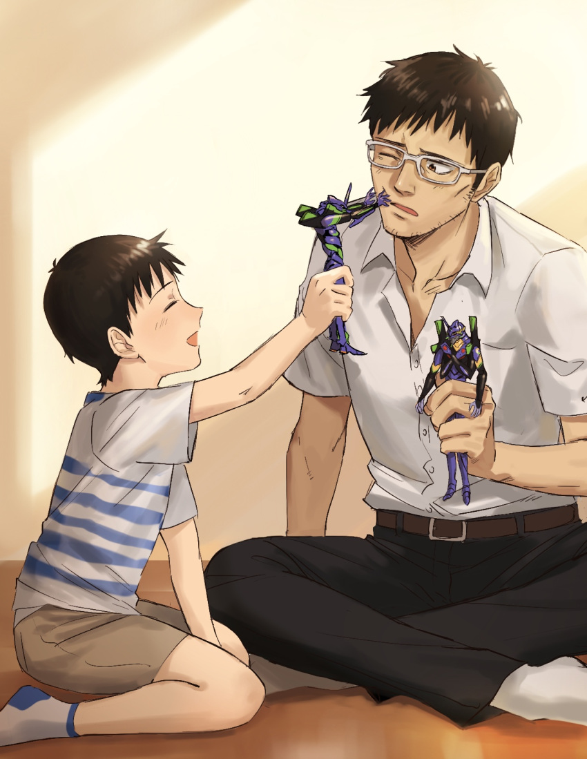 2boys aged_down belt brown_eyes commentary eva_01 eva_13 evangelion:_3.0+1.0_thrice_upon_a_time evangelion_(mecha) extra_arms father_and_son glasses glowing glowing_eyes highres holding holding_toy horns humanoid_robot ikari_gendou ikari_shinji male_focus multiple_boys neon_genesis_evangelion open_mouth pants rebuild_of_evangelion robot rott_ur shirt shorts single_horn smile socks striped_clothes striped_shirt toy white_shirt yellow_eyes