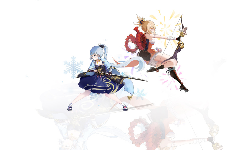 2girls absurdres armor armored_dress back-to-back bandaged_arm bandaged_leg bandages black_thighhighs blunt_bangs bow_(weapon) breastplate breasts brown_eyes chinese_commentary cleavage collarbone commentary_request fighting_stance fireworks full_body genshin_impact geta grey_hair hair_between_eyes hair_ornament hair_ribbon hair_tubes hamayumi_(genshin_impact) highres holding holding_bow_(weapon) holding_sword holding_weapon japanese_clothes jumping kamisato_ayaka kamisato_clan_(emblem) katana light_brown_hair long_hair long_sleeves looking_away maple_(luoty111) multiple_girls obi ponytail pouch ribbon rope sarashi sash shimenawa short_sleeves sidelocks simple_background snowflakes standing sword tattoo thighhighs tress_ribbon weapon white_background white_legwear wide_sleeves yoimiya_(genshin_impact) zoom_layer