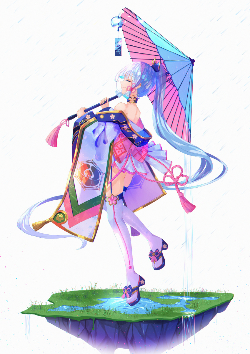 absurdres alternate_costume back_bow bare_shoulders blue_footwear blue_hair bow choker closed_eyes commentary_request emblem female floating floral_print flower_choker from_side full_body garter_straps genshin_impact gold_trim grass highres holding holding_umbrella japanese_clothes kamisato_ayaka light_blue_hair long_hair miniskirt off_shoulder oil-paper_umbrella pink_bow ponytail puddle rain sandals skirt smile solo tassel thighhighs umbrella very_long_hair white_thighhighs wind_chime you_cao_xi