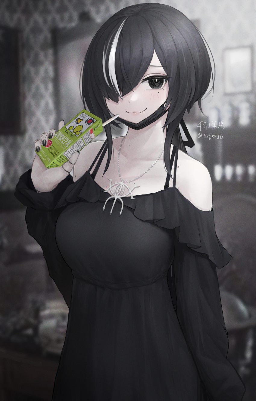 absurdres bare_shoulders black_eyes black_hair blurry blurry_background breasts commentary_request female hair_over_one_eye highres jewelry juice_box looking_at_viewer mask mask_pull mechanical_hands medium_breasts mihato_senba mole mole_under_eye mouth_mask multicolored_hair oerba_yun_fang original pale_skin pendant short_hair_with_long_locks single_mechanical_hand skin_fang smile solo streaked_hair