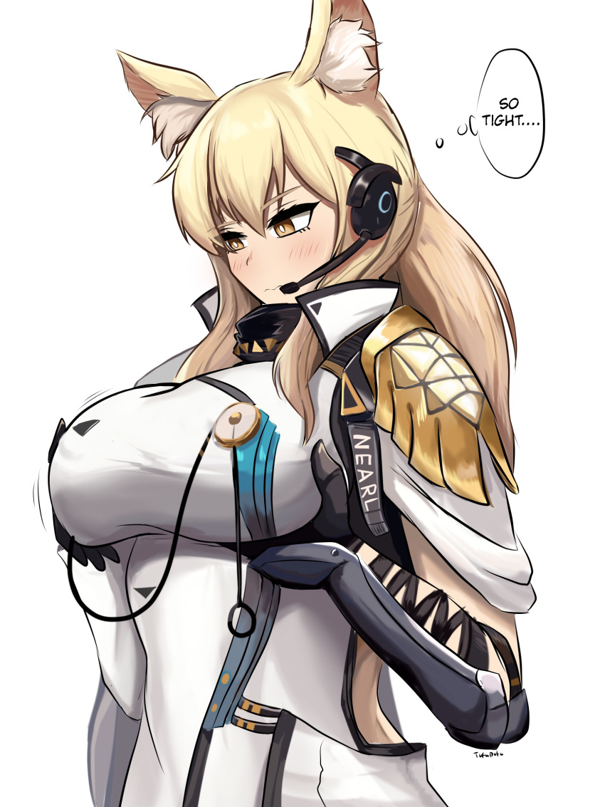 animal_ear_fluff animal_ears arknights armor black_gloves blonde_hair blush breast_conscious breast_lift breasts character_name clothes_writing commentary dress female gloves headset highres large_breasts long_hair nearl_(arknights) nearl_the_radiant_knight_(arknights) shoulder_armor simple_background solo thought_bubble tofudofu upper_body vambraces white_background white_dress yellow_eyes