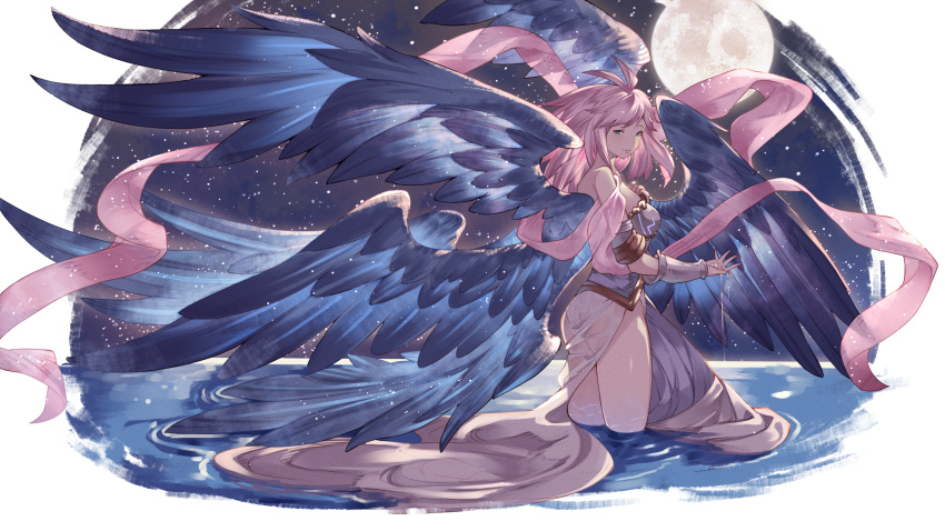 arm_guards ayacho blue_eyes blue_wings breasts commentary_request commission cupping_hand dress female from_side full_moon gabriel_(granblue_fantasy) granblue_fantasy hagoromo hand_on_own_chest highres looking_at_viewer medium_breasts medium_hair moon night night_sky parted_lips pink_hair pink_shawl shawl skeb_commission sky solo turning_head wading water wet wet_clothes white_dress wings