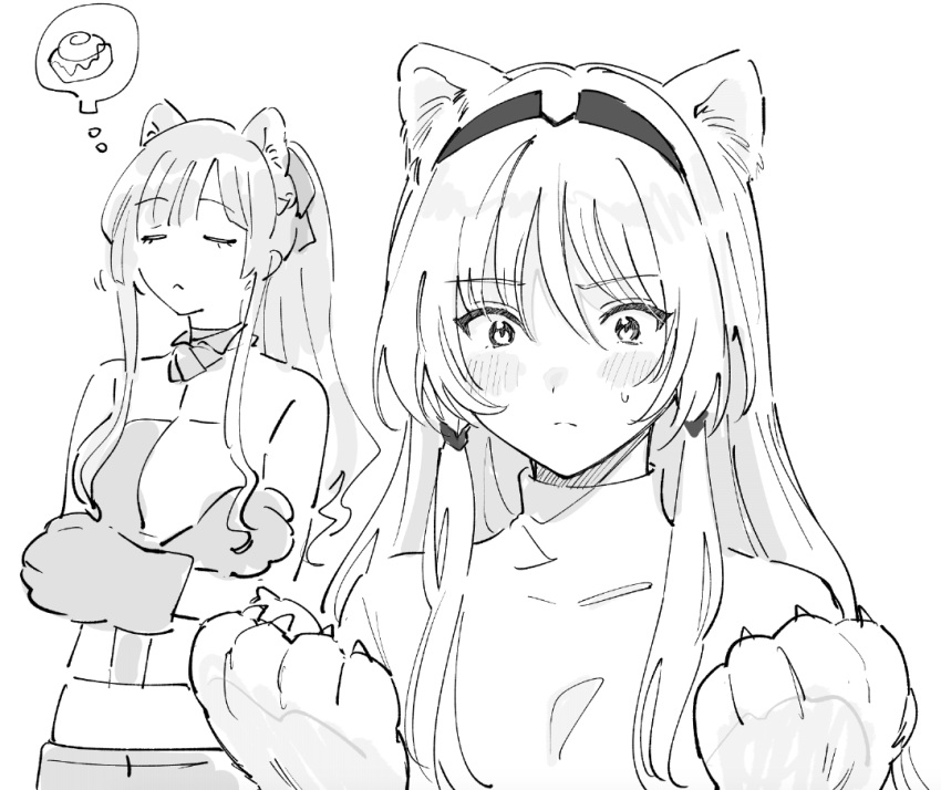 2girls ak-12_(girls'_frontline) an-94_(girls'_frontline) animal_ears animal_hands asawa_(dm_owr) blush cinnamon_roll closed_eyes crossed_arms girls'_frontline gloves greyscale hairband imagining long_hair monochrome multiple_girls paw_gloves sidelocks simple_background sweatdrop thought_bubble upper_body white_background