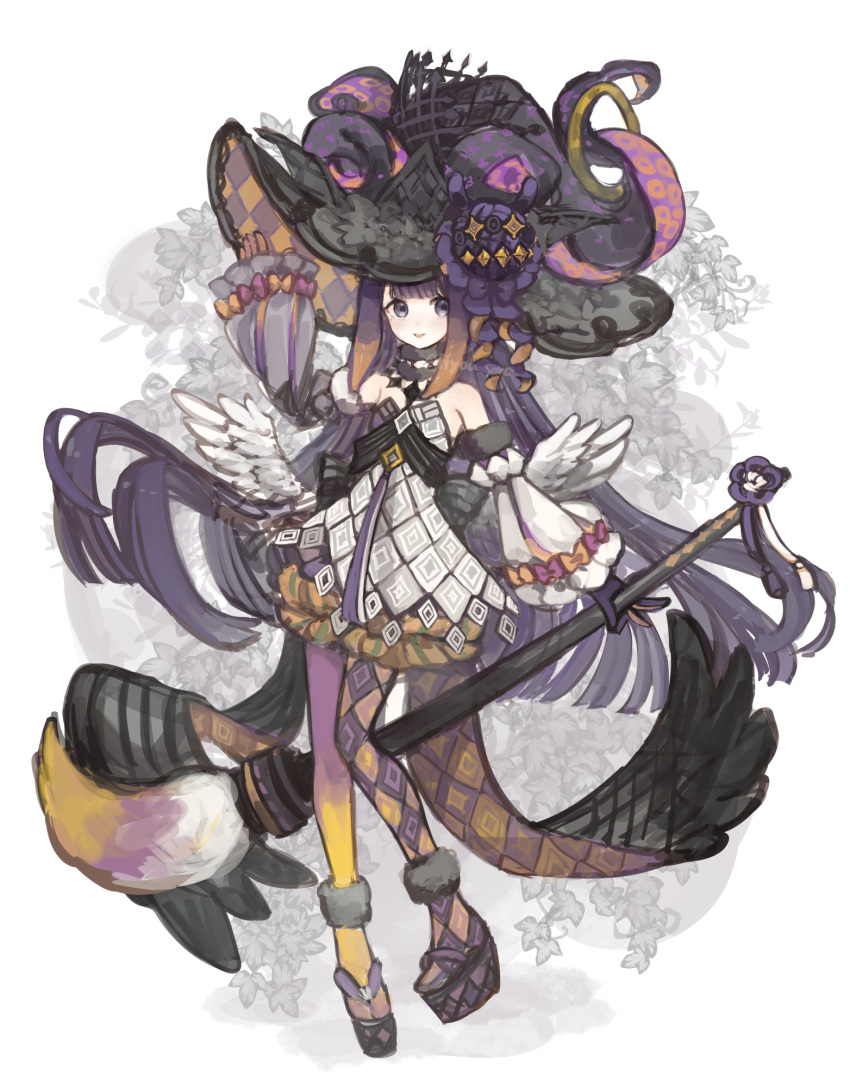 adapted_costume akikaze_(pokekinokokikaku) alternate_costume blue_eyes blunt_bangs female flat_chest gradient_hair hat highres hololive hololive_english long_hair mole mole_under_eye multicolored_hair ninomae_ina'nis ninomae_ina'nis_(party_dress) orange_hair purple_hair sidelocks solo tentacle tentacle_hair very_long_hair virtual_youtuber witch witch_hat