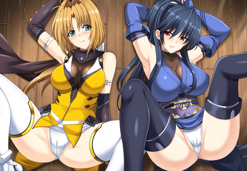 2girls absurdres armpits black_hair blonde_hair blush breasts choukou_sennin_haruka cleavage elbow_gloves gloves green_eyes hair_ribbon hellandheaven highres large_breasts long_hair multiple_girls ninja paid_reward panties ponytail red_hair ribbon scarf sleeveless subaru_(choukou_sennin_haruka) takamori_haruka thighhighs underwear