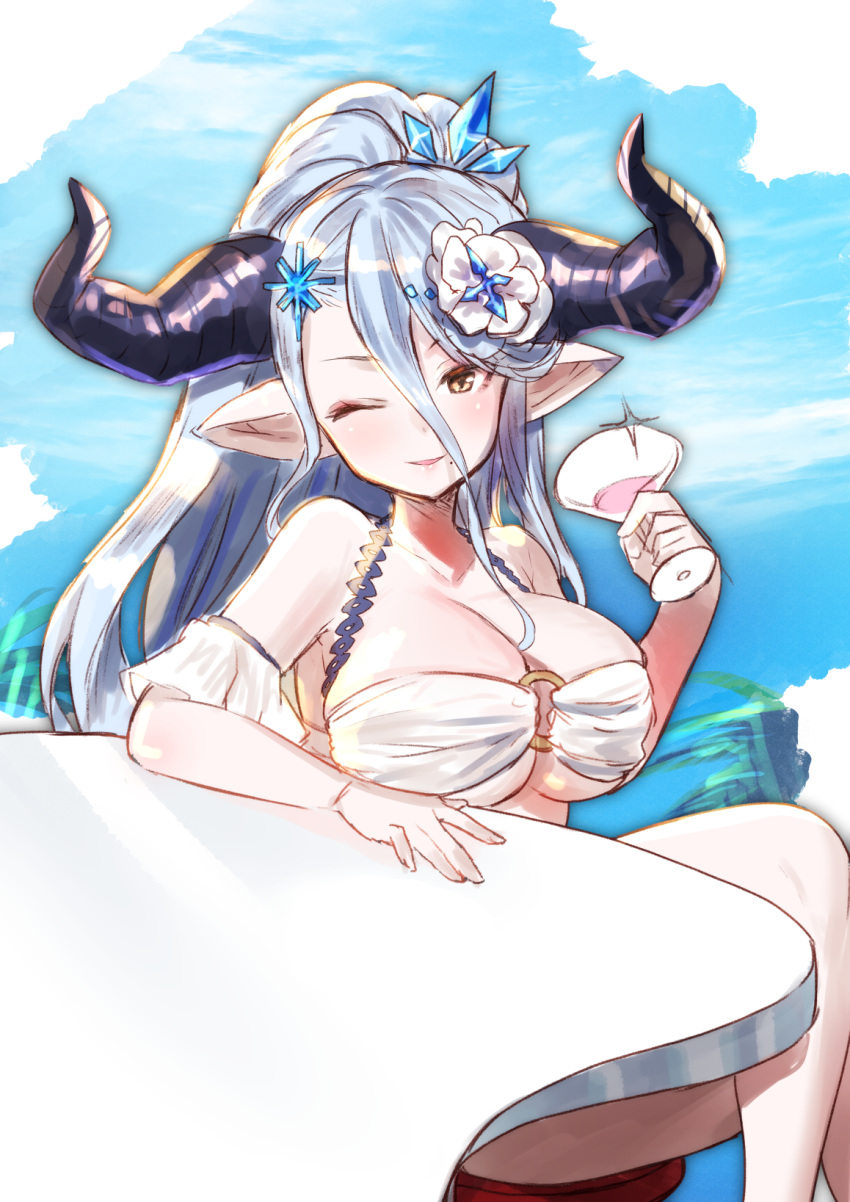 bad_id bad_pixiv_id bikini blue_hair breasts brown_eyes crossed_legs cup draph drinking_glass female granblue_fantasy hanasaki_mahiru highres izmir large_breasts mole mole_under_mouth one_eye_closed pointy_ears ponytail solo swimsuit table wine_glass