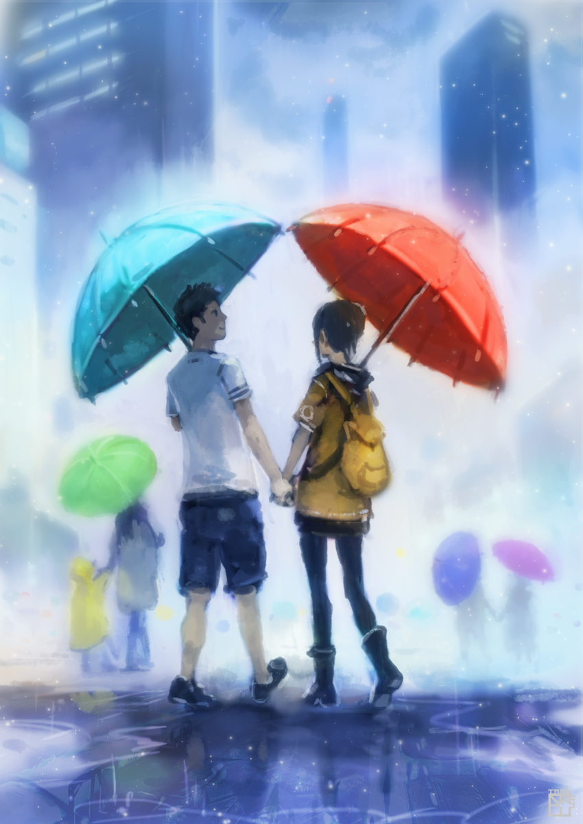 1boy 4others absurdres backpack bag black_hair building female from_behind highres holding_hands multiple_others okuto original outdoors photoshop_(medium) rain raincoat scenery short_hair short_sleeves smile umbrella walking yellow_raincoat