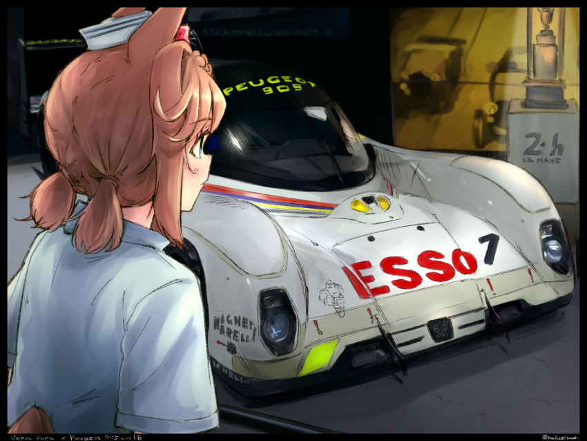 animal_ears balladeluce black_border blue_eyes blush border brown_hair car character_name circuit_de_la_sarthe dixie_cup_hat female hat highres horse_ears horse_girl horse_tail le_mans_prototype looking_ahead low_twintails michelin michelin_man military_hat motor_vehicle parted_lips peugeot peugeot_905 race_vehicle racecar sailor_hat short_hair short_twintails spoiler_(automobile) tail trophy twintails umamusume vehicle_focus vehicle_name venus_paques_(umamusume) white_headwear world_sportscar_championship