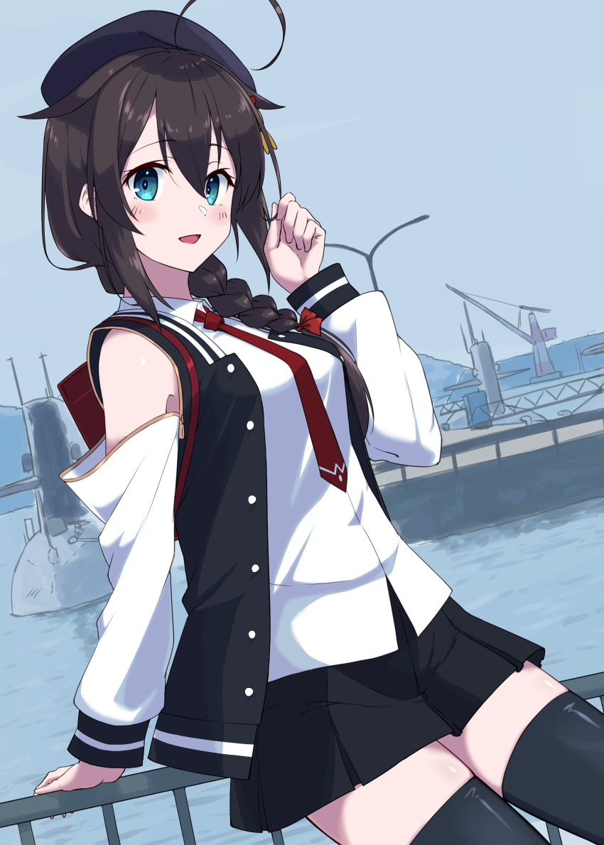 absurdres ahoge black_hair black_skirt black_thighhighs blue_eyes braid commentary_request cowboy_shot detached_sleeves dutch_angle female hair_flaps hair_ornament hair_over_shoulder harbor highres jacket kantai_collection letterman_jacket official_alternate_costume outdoors pleated_skirt shiba_(zudha) shigure_(kancolle) shigure_kai_ni_(kancolle) shirt single_braid skirt solo thighhighs white_shirt