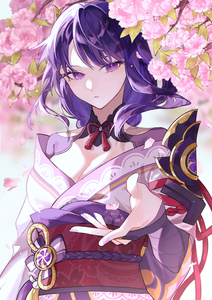 absurdres armor breasts bridal_gauntlets cleavage commentary_request falling_petals female flower genshin_impact hand_up highres looking_at_viewer medium_hair mitsudomoe_(shape) nogi_(nokisaki) obi obijime parted_lips petals pink_flower purple_eyes purple_hair raiden_shogun sash shoulder_armor solo tassel tomoe_(symbol) upper_body