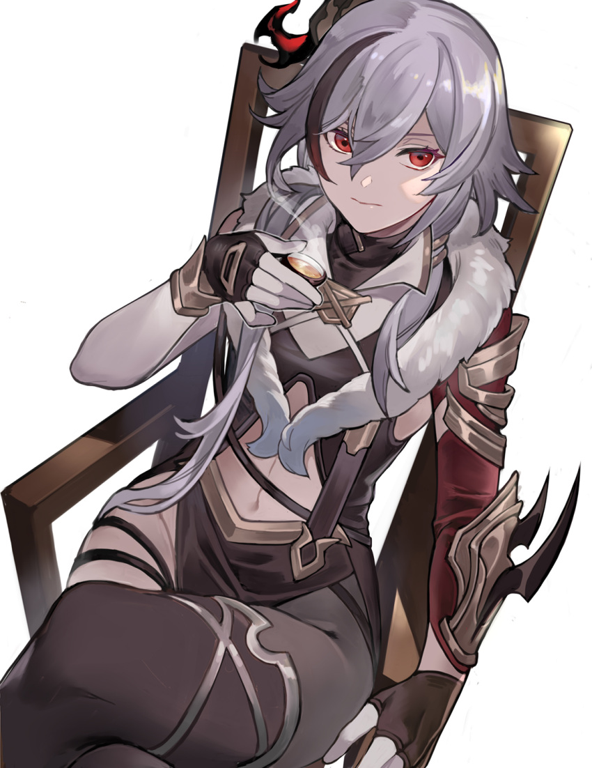 black_gloves chair chinese_clothes closed_mouth crossed_legs cup female fingerless_gloves fu_hua fu_hua_(herrscher_of_sentience) fu_hua_(onyx_simurgh)_(herrscher_of_sentience) fu_hua_(valkyrie_accipiter) gloves hair_ornament highres holding holding_cup honkai_(series) honkai_impact_3rd long_hair looking_at_viewer multicolored_hair official_alternate_costume red_eyes simple_background sin_(btc86amme) sitting solo streaked_hair tea teacup white_background white_hair