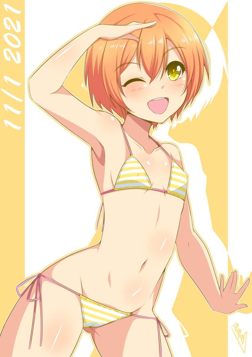 absurdres armpits ass_visible_through_thighs bikini birthday blush breasts bunji collarbone commentary dated female highres hoshizora_rin looking_at_viewer love_live! love_live!_school_idol_project one_eye_closed orange_hair salute shiny_skin signature small_breasts solo striped_bikini striped_clothes swimsuit yellow_eyes