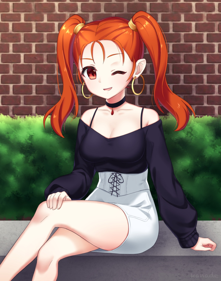 bare_shoulders blush bra_strap breasts brick_wall bush casual choker cleavage contemporary crossed_legs dragon_quest dragon_quest_viii earrings female highres hoop_earrings jessica_albert jewelry kuroneko13x long_sleeves looking_at_viewer medium_breasts off-shoulder_shirt off_shoulder one_eye_closed open_mouth orange_eyes orange_hair shirt sitting skirt sleeves_past_wrists smile solo spaghetti_strap twintails