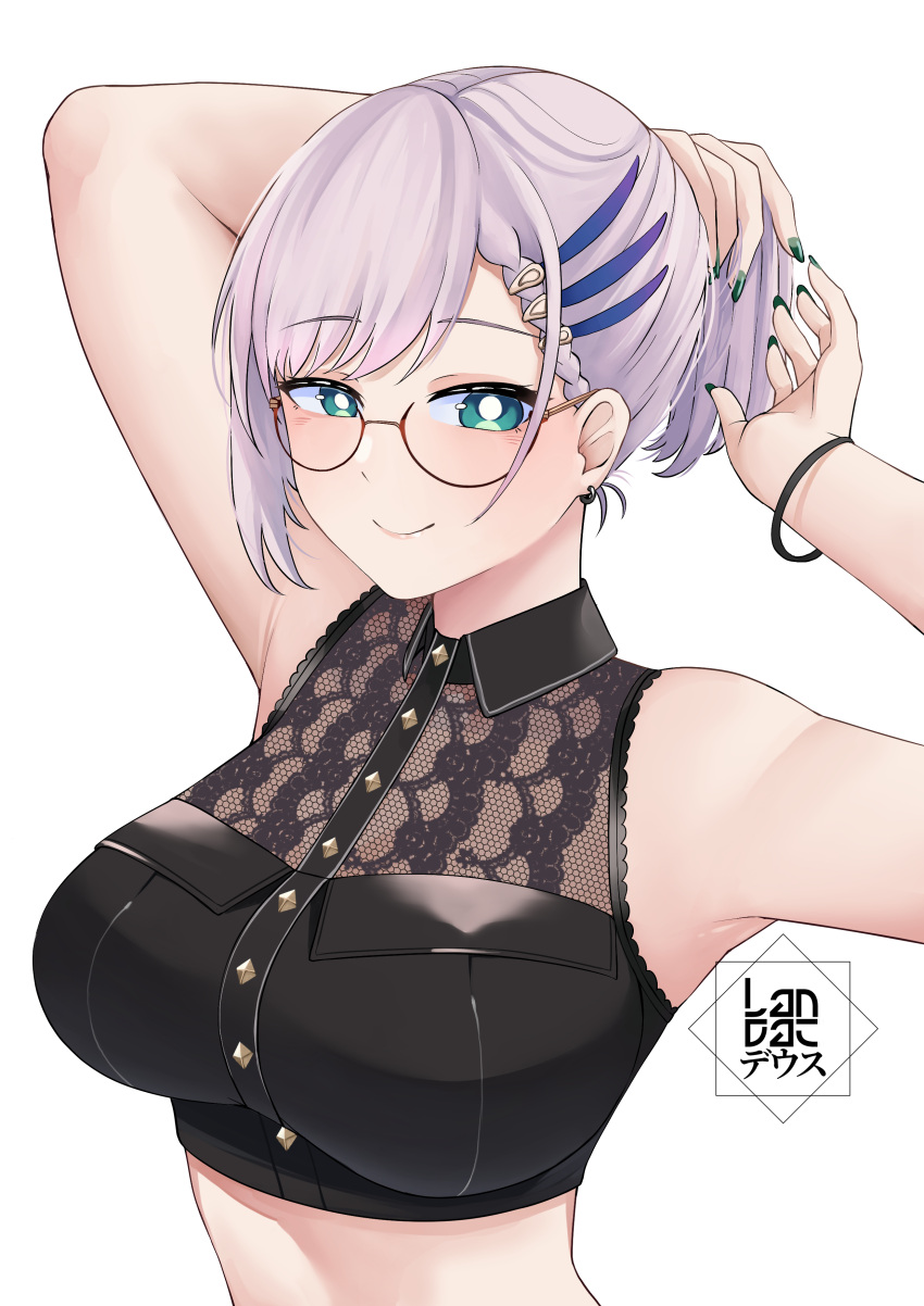 absurdres aqua_eyes armpits bare_arms bare_shoulders black_shirt blush braided_hair_rings breasts bright_pupils closed_mouth commentary crop_top cropped_shirt english_commentary female glasses green_nails grey_hair highres hololive hololive_indonesia impossible_clothes impossible_shirt landacdeus light_blush looking_at_viewer nail_polish official_alternate_hair_length official_alternate_hairstyle pavolia_reine pavolia_reine_(street) shirt short_hair smile solo tying_hair upper_body virtual_youtuber white_pupils