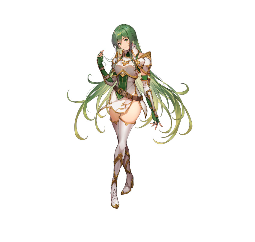 absurdres arm_guards armor belt boots breastplate brown_belt closed_mouth commentary_request dress elbow_gloves erinys_(fire_emblem) female fingerless_gloves fire_emblem fire_emblem:_genealogy_of_the_holy_war fire_emblem_heroes full_body gloves green_eyes green_gloves green_hair high_heels highres kakage long_hair looking_at_viewer official_art short_dress shoulder_armor simple_background sleeveless smile solo standing thigh_boots thighhighs thighs very_long_hair white_background white_dress white_footwear zettai_ryouiki