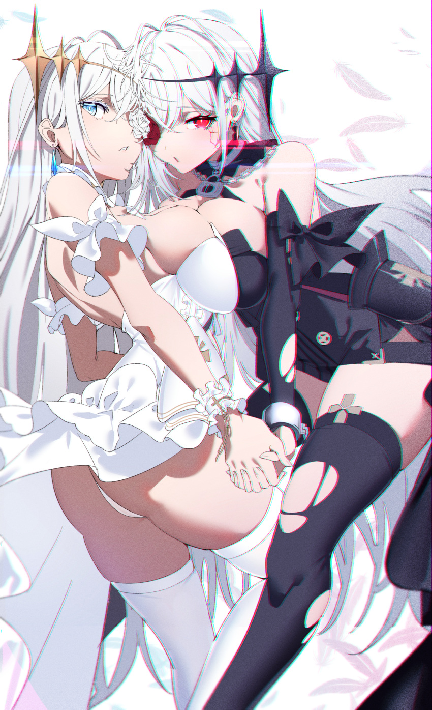 2girls absurdres azarashi_(azrsot) azur_lane black_bow black_dress blue_eyes bow breast_press breasts chromatic_aberration collar dress dual_persona earrings emden_(azur_lane) feathers film_grain hair_ornament highres huge_breasts jewelry long_hair multiple_girls panties red_eyes symmetrical_docking thighhighs torn torn_clothes torn_thighhighs underwear white_bow white_dress white_hair white_panties white_thighhighs