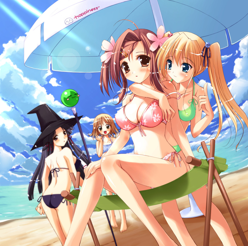 4girls absurdres aqua_eyes beach bikini blonde_hair cloud day floral_print flower from_behind happiness! hat highres hiiragi_anri hug kamisaka_haruhi kohinata_sumomo ko~cha long_hair multiple_girls outdoors short_hair side-tie_bikini_bottom sky swimsuit takamine_koyuki twintails umbrella windmill_(company) witch_hat